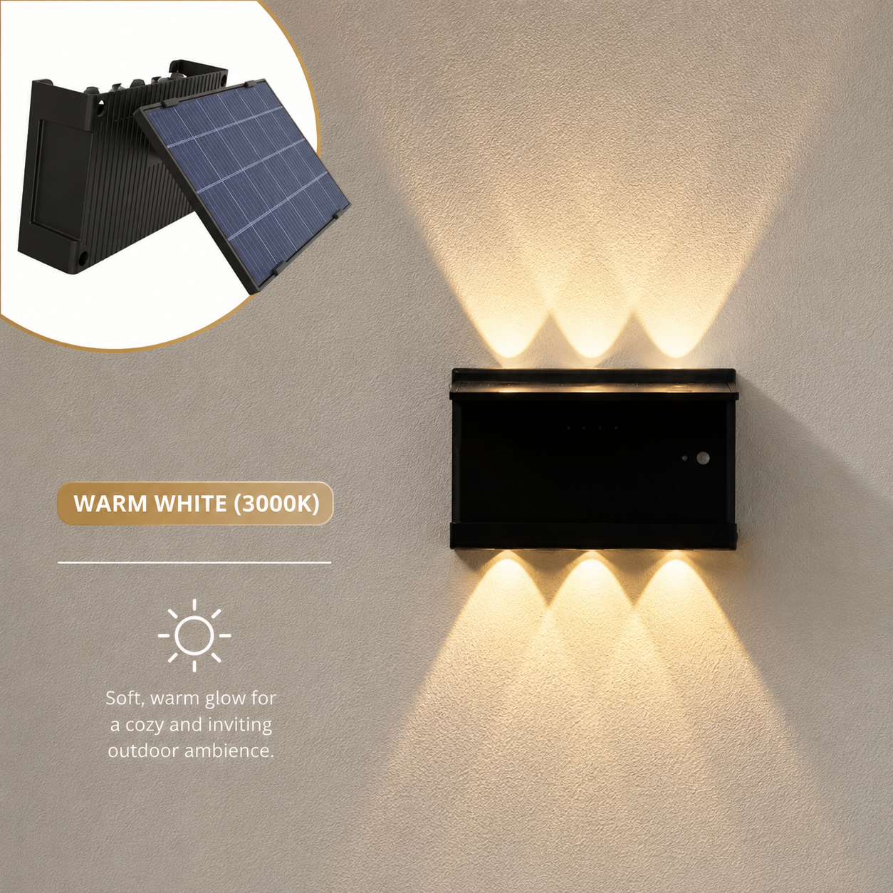 Outdoor solar wall lights up and down displaying a warm white 3000K color option with a soft cozy glow for inviting outdoor ambience in Australia.