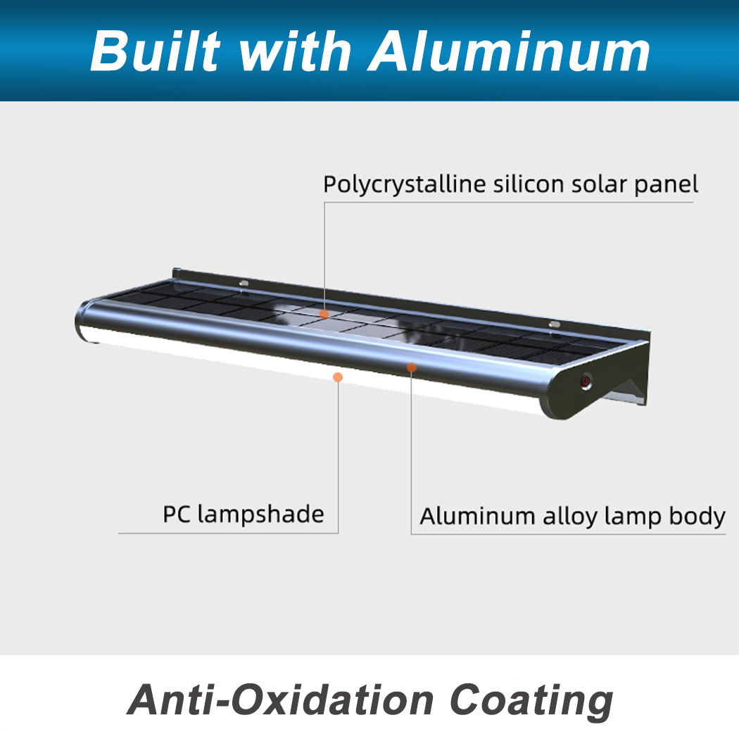 Labeled diagram of a solar-powered billboard light constructed with an aluminum alloy body and anti-oxidation coating. The fixture includes a polycrystalline silicon solar panel for energy capture and a PC lampshade protecting the LED array. Designed for outdoor durability, the light combines corrosion resistance with efficient solar charging for reliable signage illumination."
