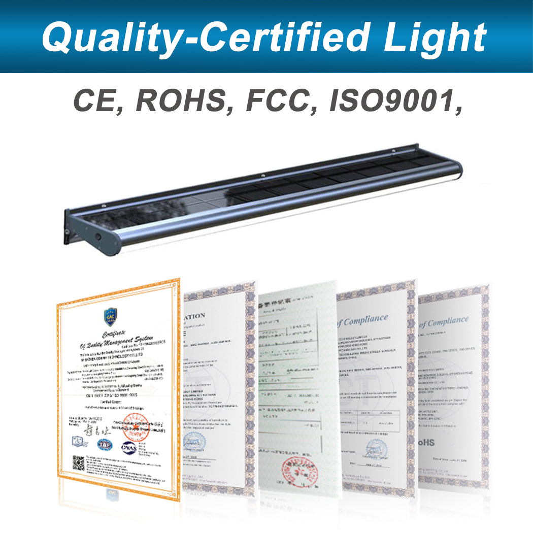 "Promotional graphic showcasing a solar-powered LED light certified for real estate billboard use. The fixture features a sleek design with an integrated solar panel and is backed by CE, ROHS, FCC, and ISO9001 certifications. Five official documents are displayed below the light, emphasizing compliance with international safety, environmental, and quality standards for outdoor signage lighting