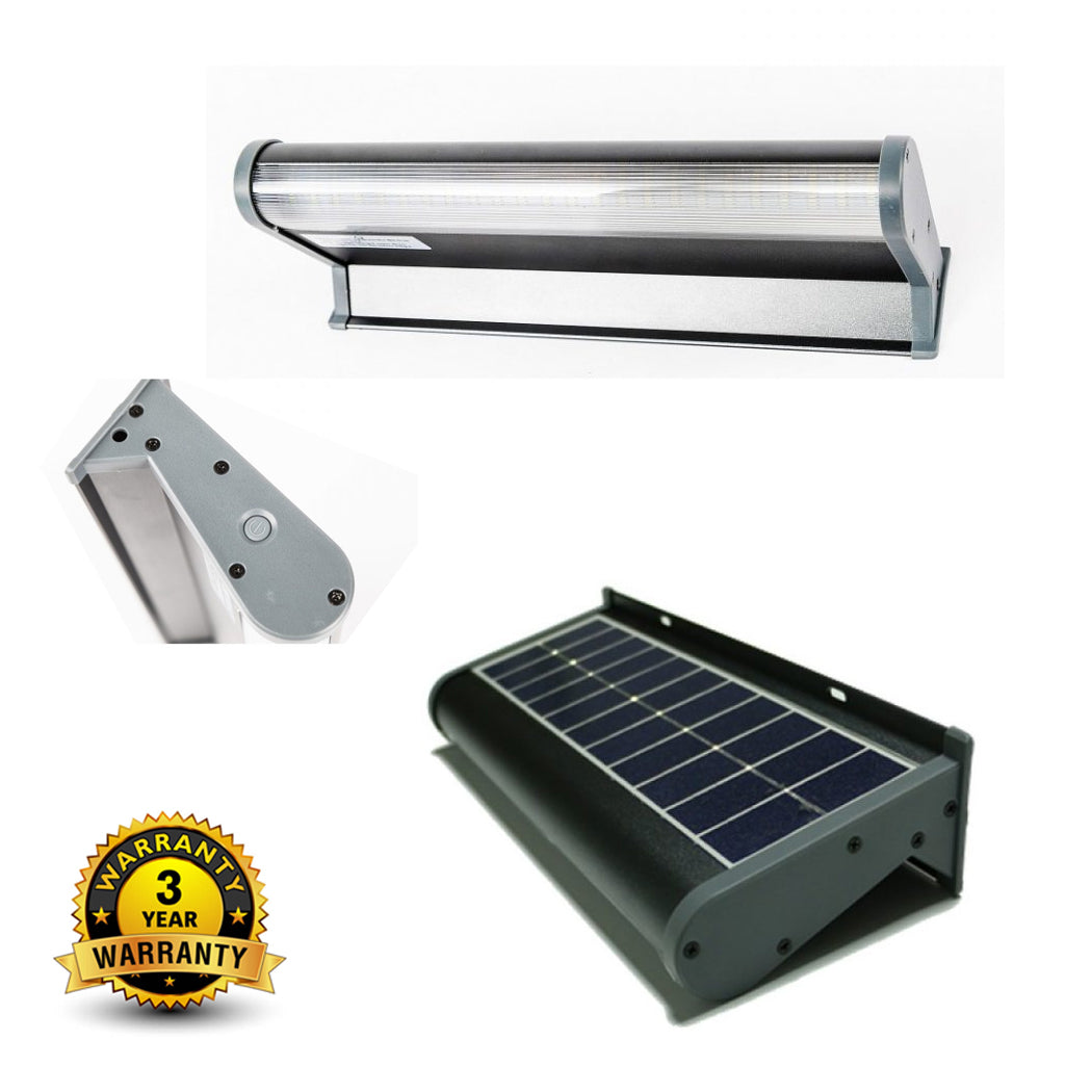 "Multi-angle view of a commercial-grade solar-powered LED wall light designed for billboard illumination. The fixture features a durable casing with integrated motion sensor, high-efficiency solar panel, and bright LED array. A prominent '3 Year Warranty' badge highlights its long-term reliability and suitability for professional outdoor signage applications