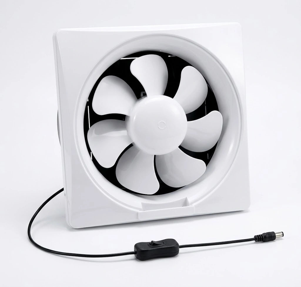 A white square wall-mounted exhaust fan with five curved blades, shown on a light gray background with a black power cord and switch.