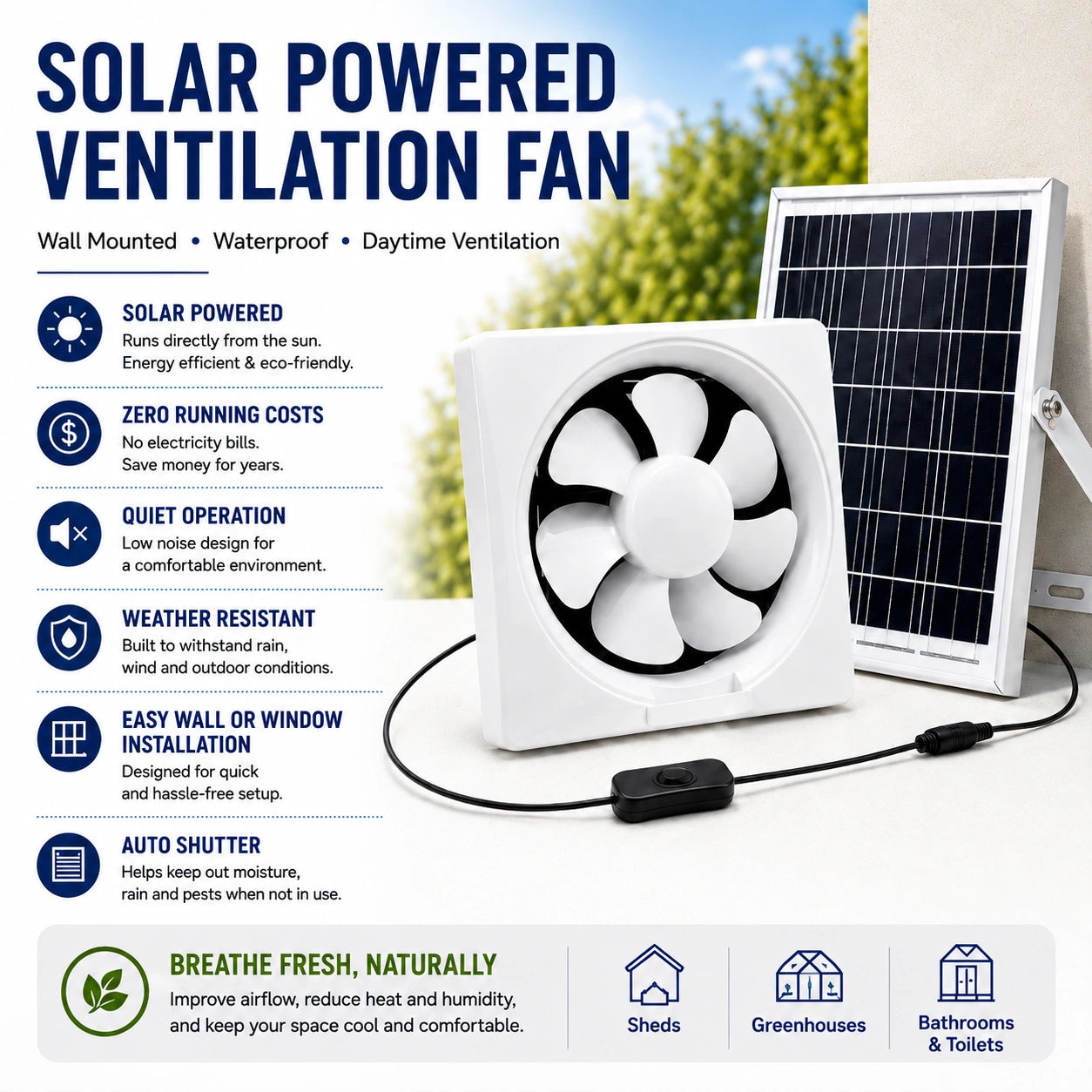 Solar Powered Ventilation Fan | Wall Mounted | Waterproof Shed & Garage Cooling