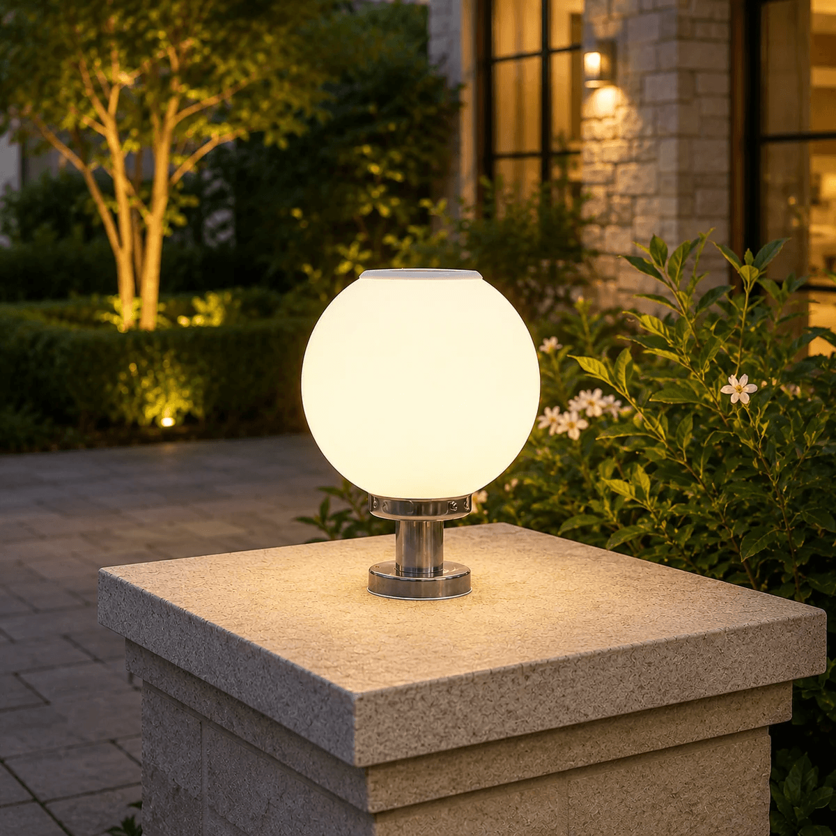Spherical Solar Pillar Light glowing with warm white light on a stone pathway entry column at night in Australia