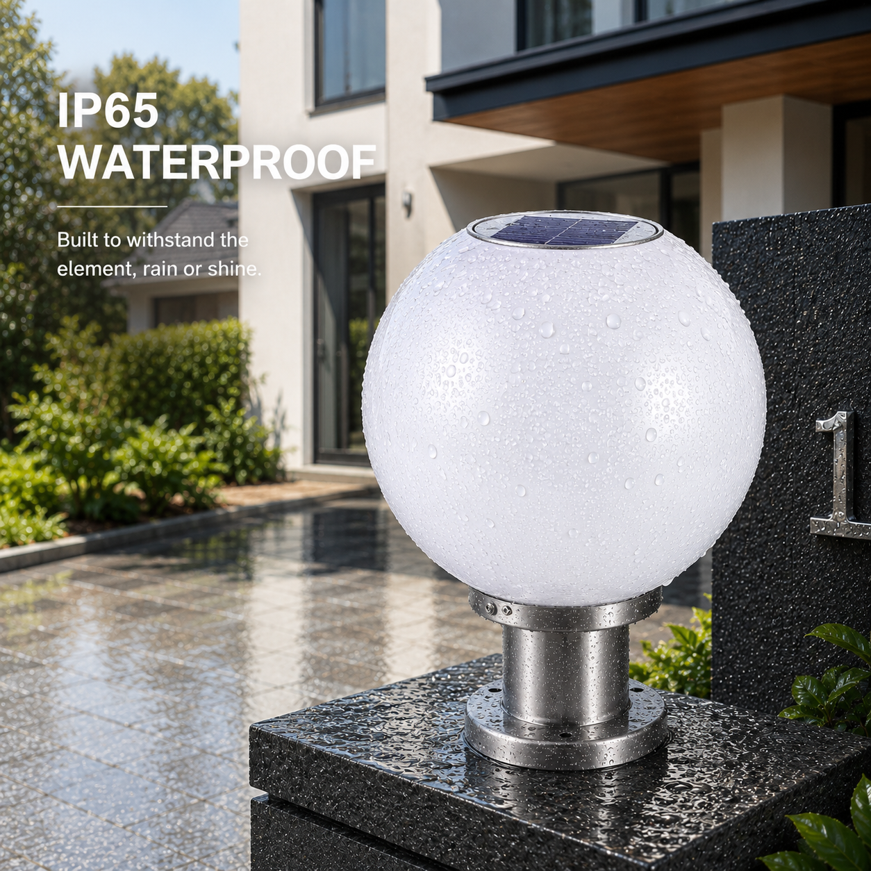 Spherical Solar Pillar Light with water droplets on the globe showing IP65 waterproof features outside an Australian home