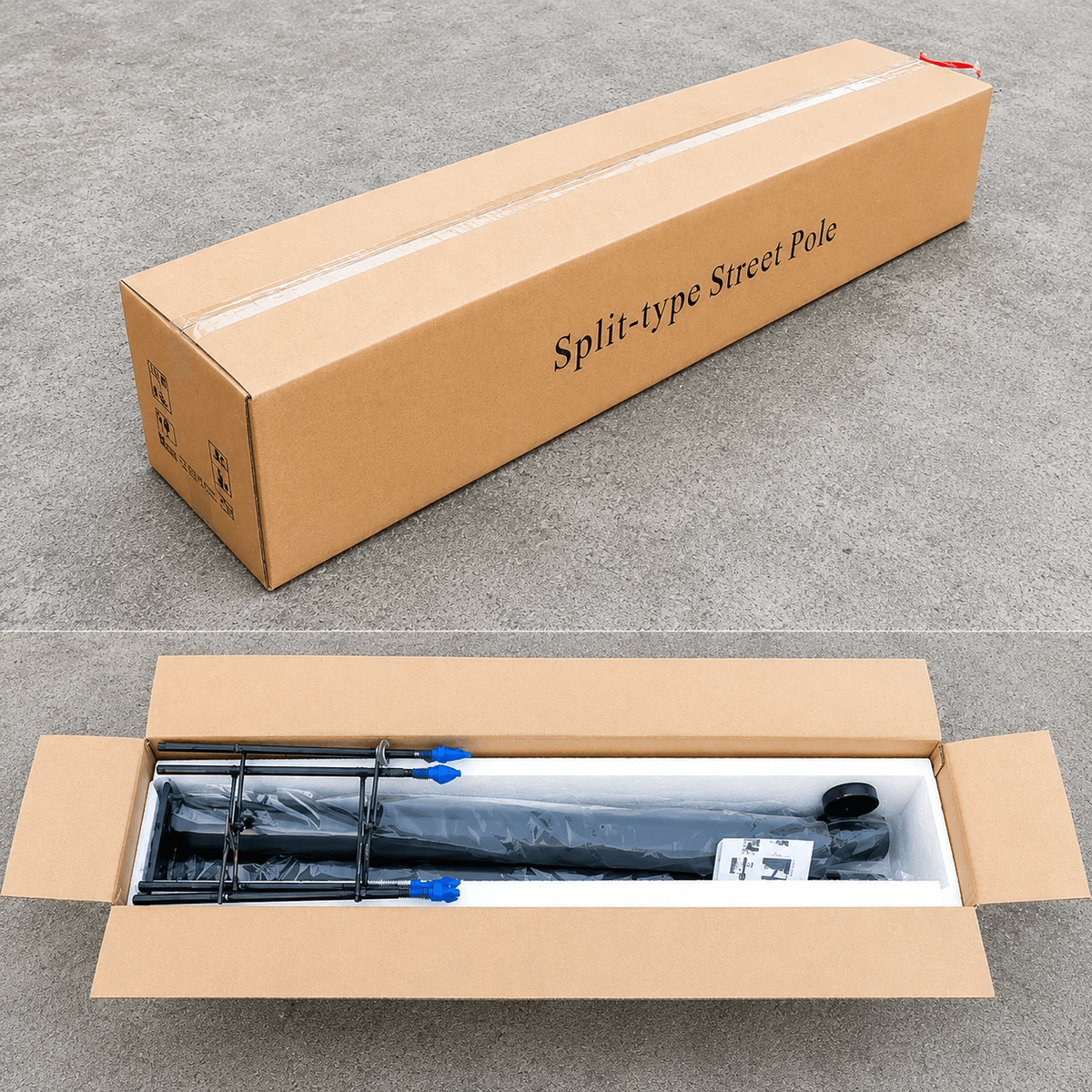 Cardboard box packaging labeled Split-type Street Pole showing the unboxed modular split assembly light pole sections safely packed in protective foam alongside the default included metal rebar cage anchoring kit.