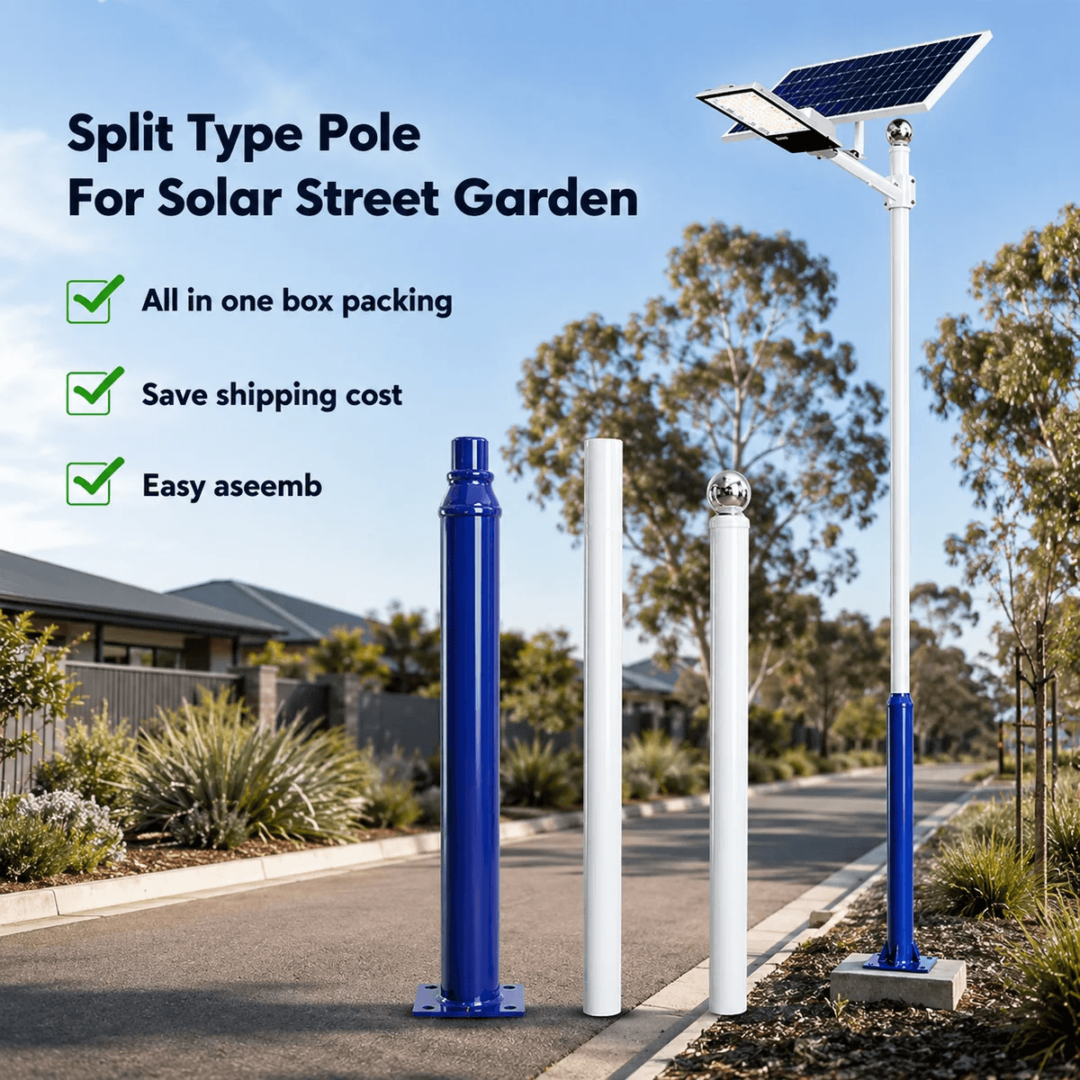 A modular split assembly light pole breakdown showing the compact rod sections designed to save shipping costs across Australia alongside a fully assembled solar street light pole installed in a suburban residential garden driveway.