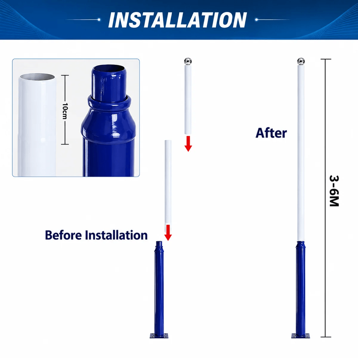 An installation diagram for a split assembly light pole showing the breakdown of interlocking rod sections before installation and a fully connected 3m to 6m solar light pole setup.