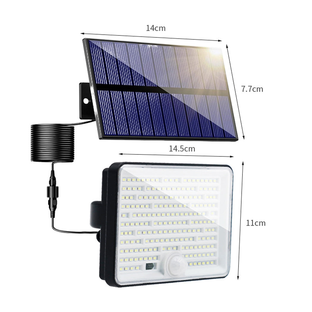 Split solar panel wall light dimensions showing a 14cm panel and 14.5cm by 11cm outdoor security light unit.