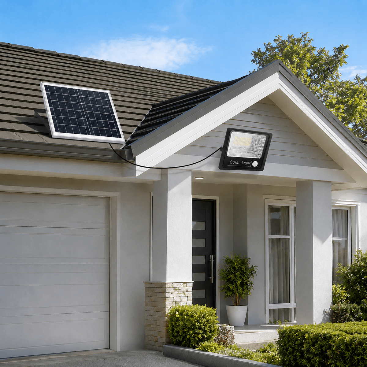 Split solar sensor flood light installed on a modern home with a roof-mounted solar panel and a motion sensor security light illuminating the garage and front door entryway.