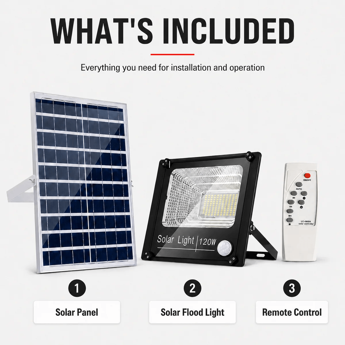 Split solar sensor flood light unboxing package contents showing the polycrystalline solar panel, 120W LED solar flood light fixture, and remote control.