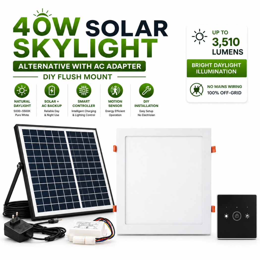 Complete 40W square solar skylight alternative with AC adapter kit featuring a polycrystalline solar panel, flush mount solar ceiling light, smart controller, and DIY installation components for 100% off-grid lighting.