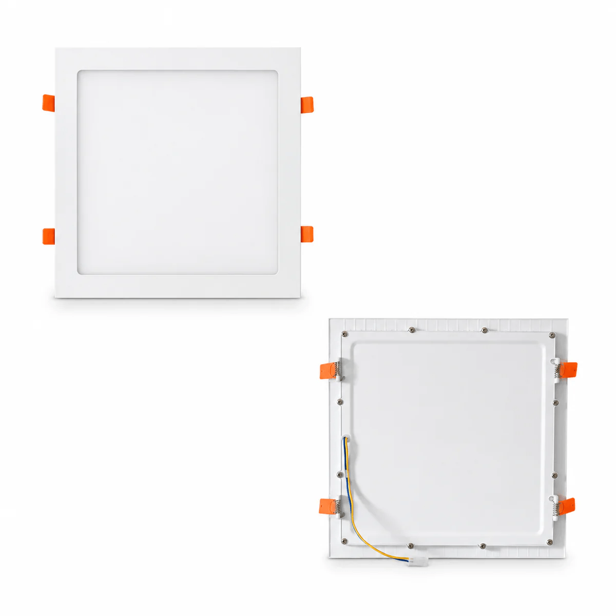 Front and back view of a 300x300mm square solar skylight LED light panel showing the white flush mount frame and spring-loaded ceiling clips for easy DIY installation in Australian homes.