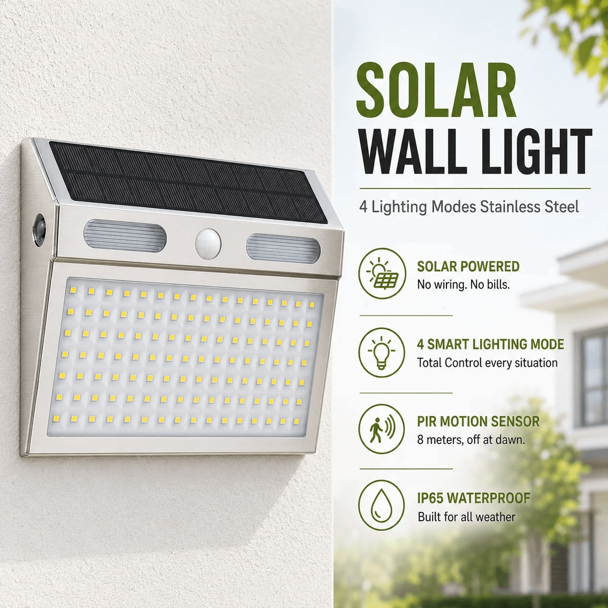 Stainless steel solar sensor wall light outdoor fixture mounted on a wall, highlighting its IP65 waterproof design, PIR motion sensor, and 4 smart lighting modes for Australian homes.