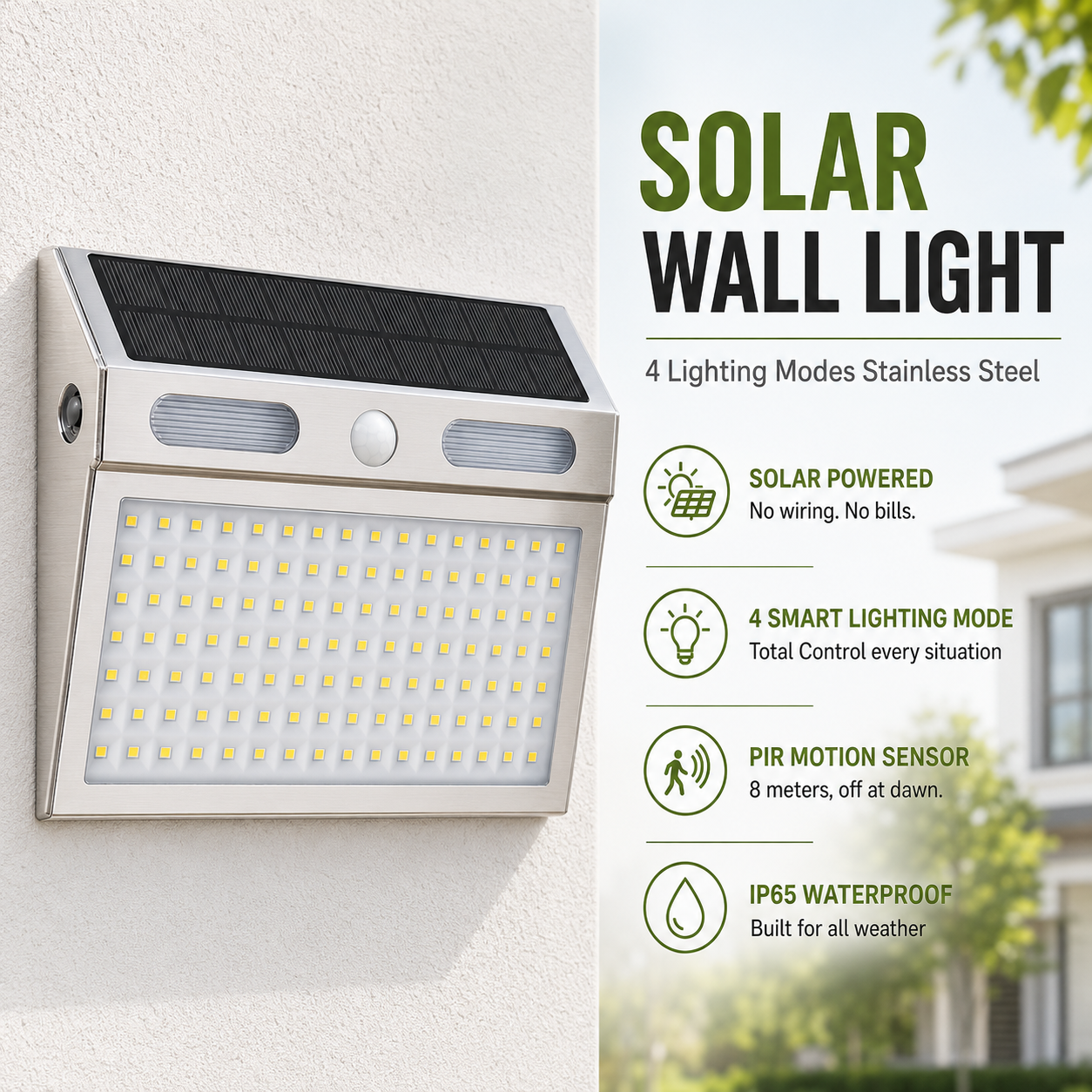 Stainless steel solar sensor wall light outdoor fixture mounted on a wall, highlighting its IP65 waterproof design, PIR motion sensor, and 4 smart lighting modes for Australian homes.