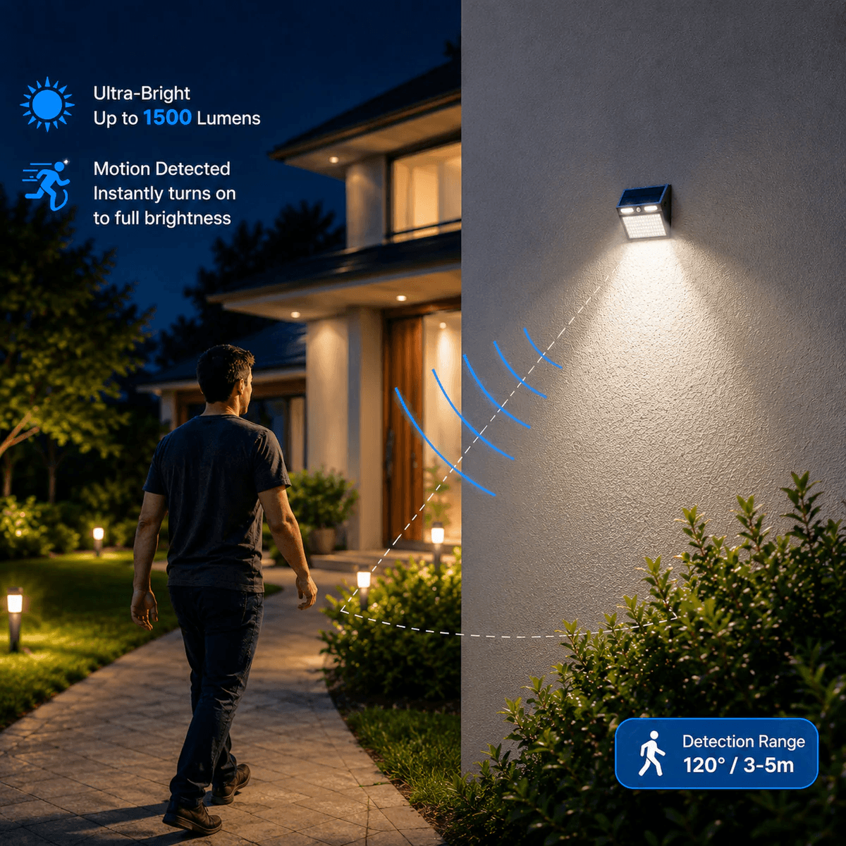 Stainless steel solar sensor wall light motion activation graphic showing a 120-degree detection range illuminating a front entryway path up to 1500 lumens.