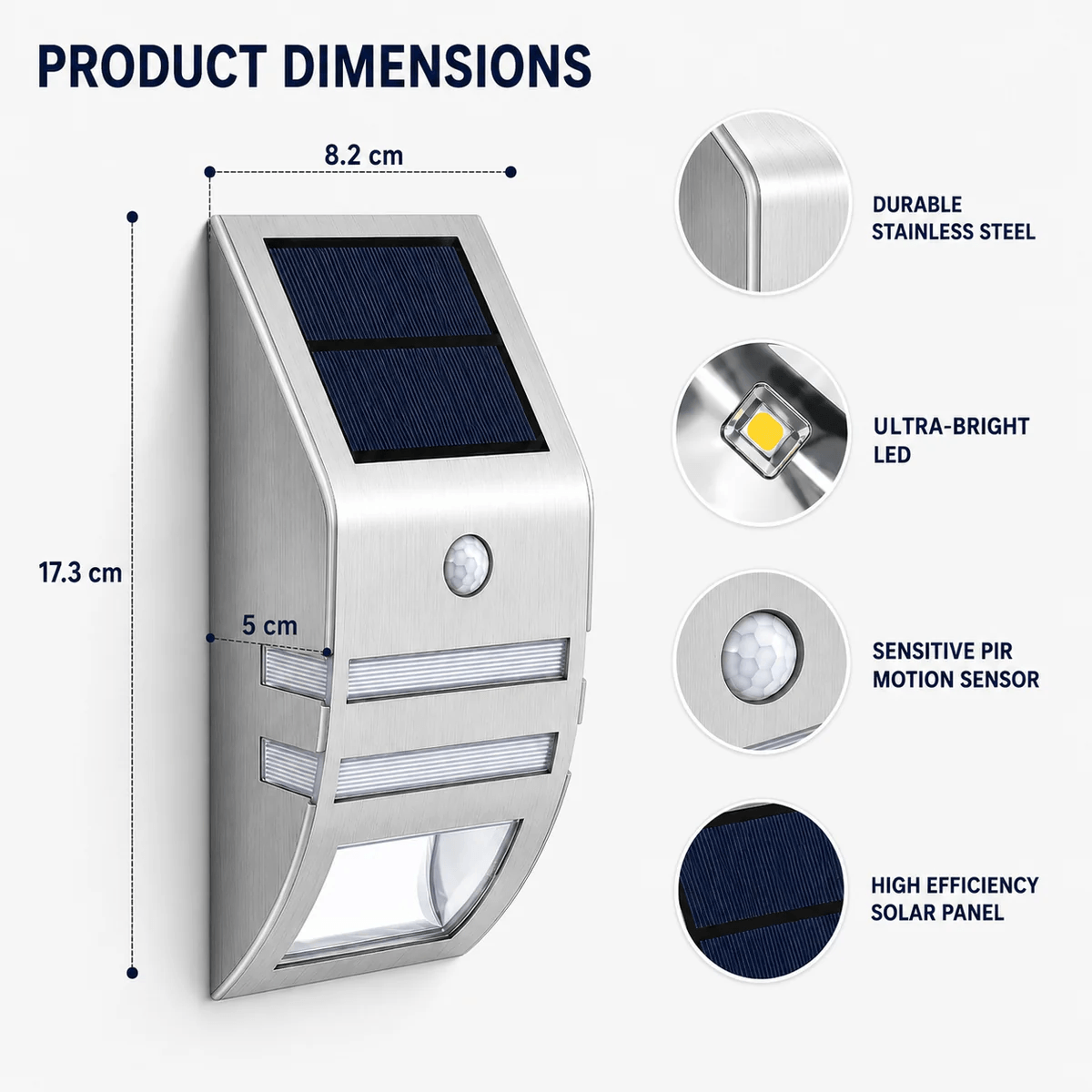 Product dimensions diagram for a stainless steel solar wall light detailing its measurements and key features like the PIR motion sensor.