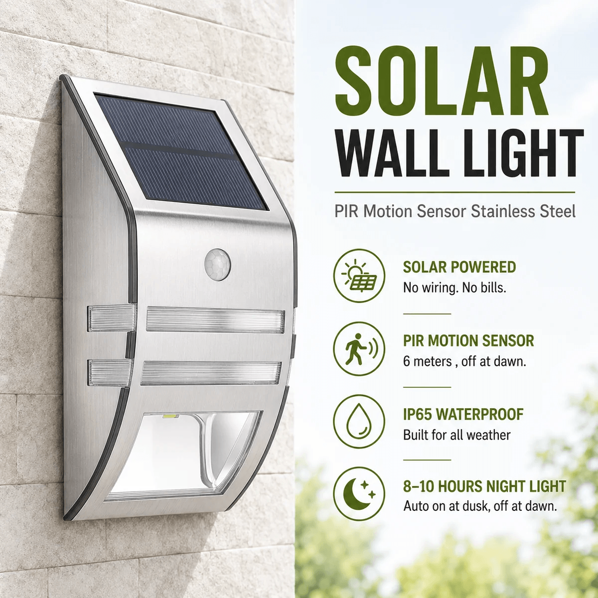 Infographic of a stainless steel solar wall light showcasing its PIR motion sensor, IP65 waterproof rating, and 8 to 10 hours battery life.
