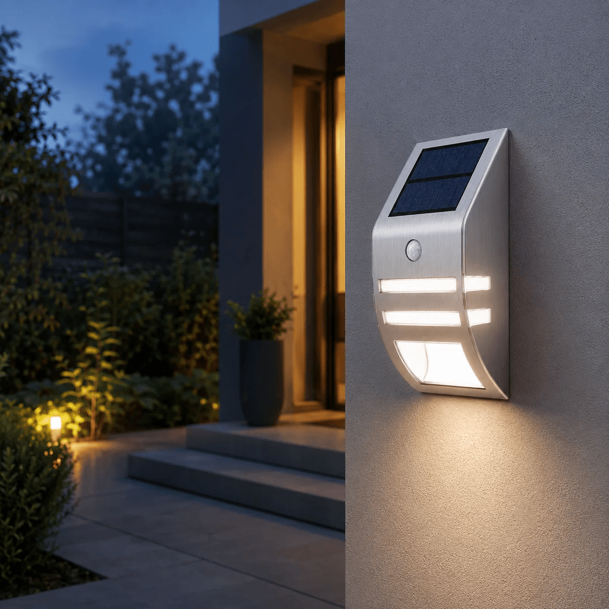 A sleek stainless steel solar wall light illuminated at night on a backyard patio wall near steps and garden planters.
