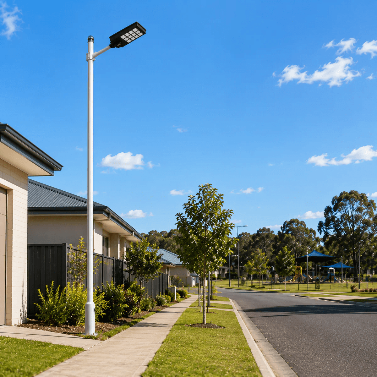 Suburban solar powered street light installed along a residential estate sidewalk and community road in Australia