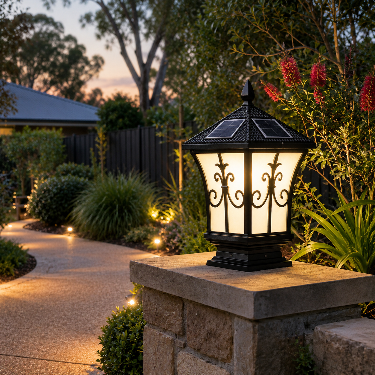 A traditional black solar post light Australia homeowners choose, mounted on a stone retaining wall pillar to illuminate a concrete garden pathway and native backyard landscaping at twilight.