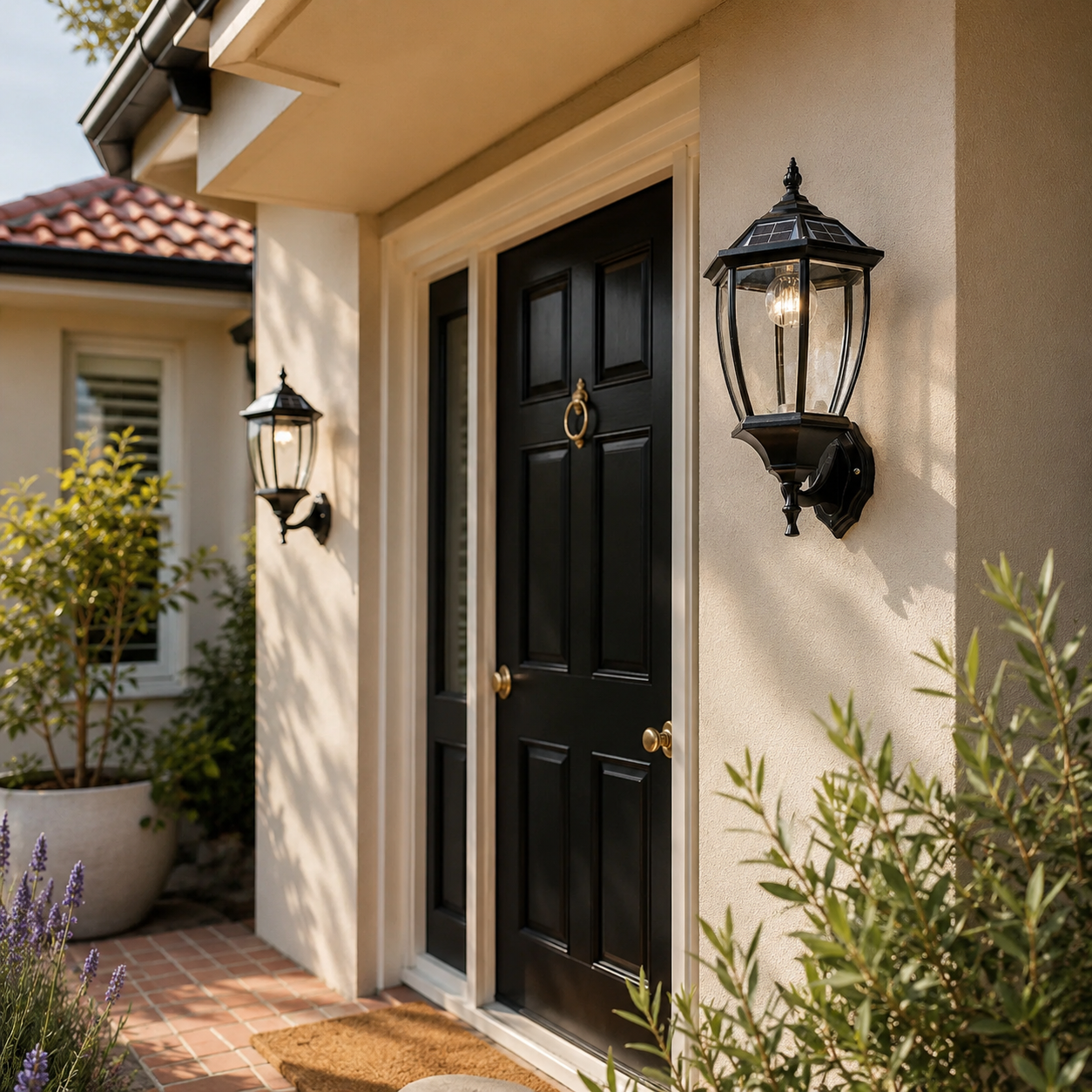 Traditional solar wall sconce in an antique solar wall light design illuminating a home front entrance next to a black door.