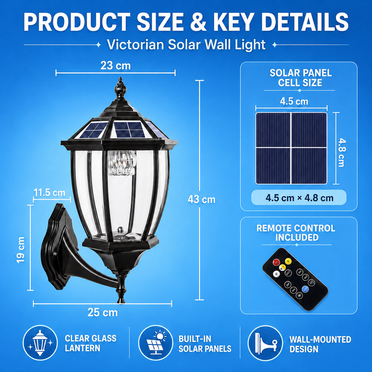 Traditional solar wall sconce size diagram showing the 43cm dimensions and the 4.5cm by 4.8cm monocrystalline solar panel cell size of this solar wall mounted light.