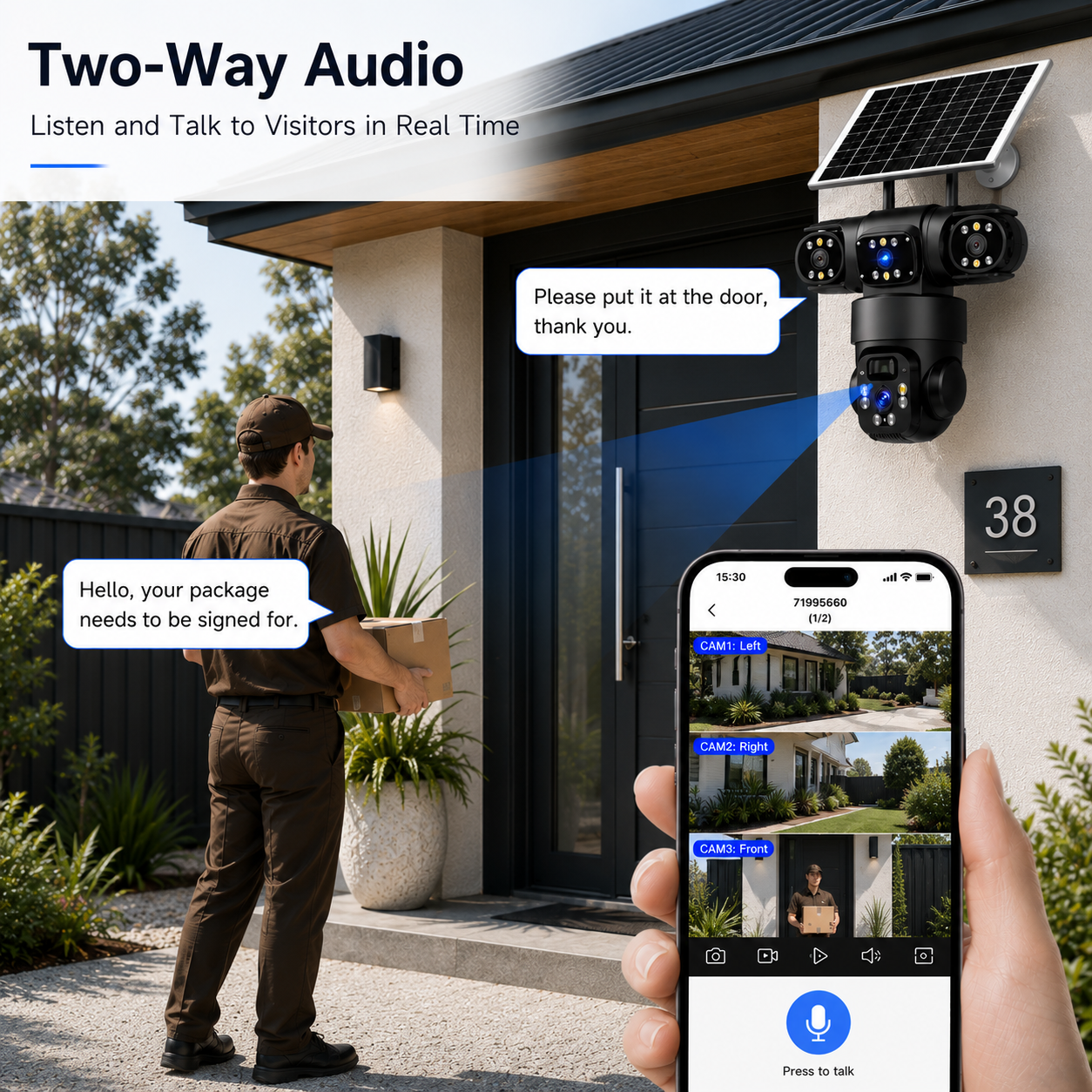 Two-way audio outdoor camera interface on a smartphone screen, showing a homeowner talking to a delivery courier at a front door entrance for remote driveway and home security in Australia.