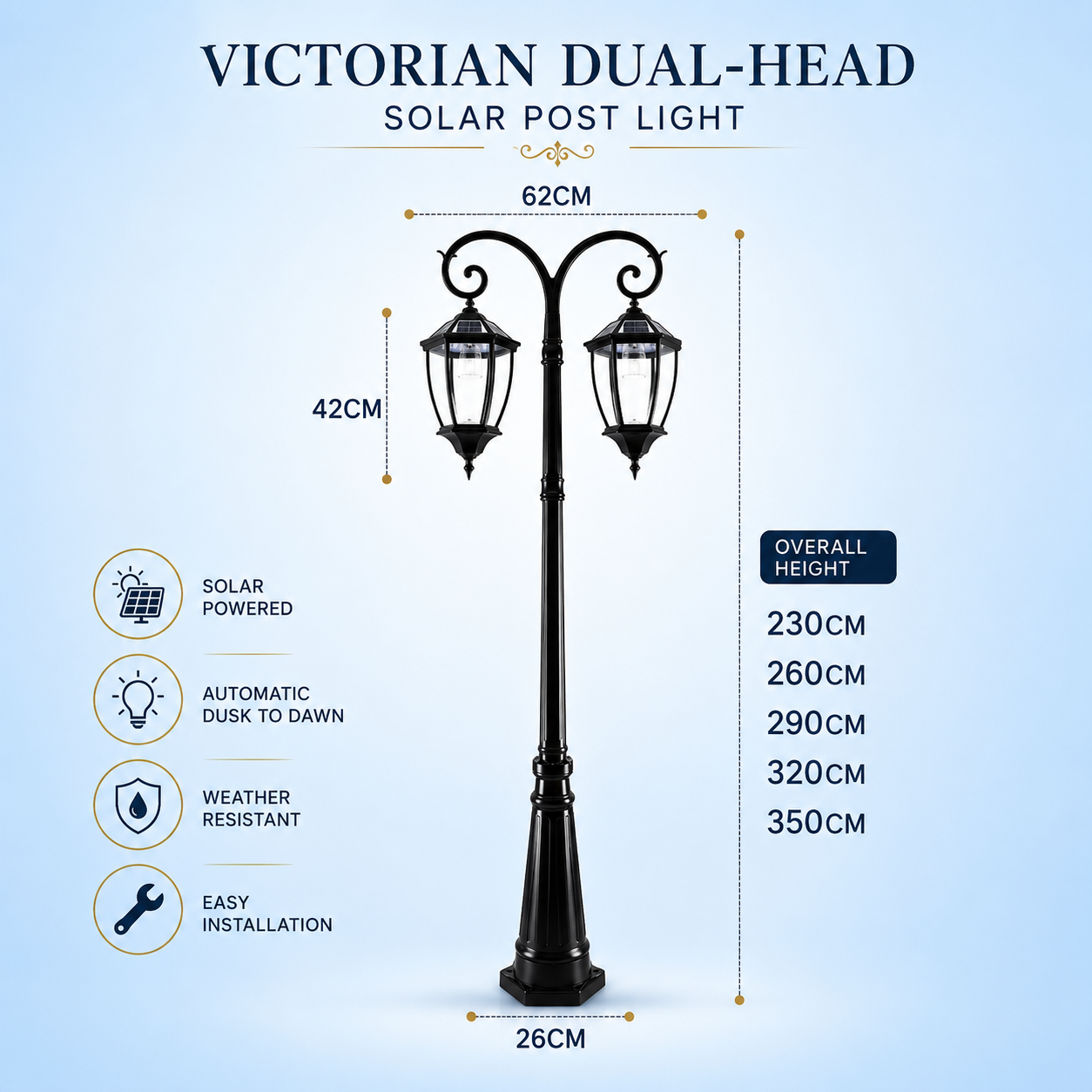 Technical dimensions diagram for the black Victorian Double Head Solar Coach Post Light, showing overall heights from 230cm up to 350cm, a 62cm lantern span, and a 26cm base width.