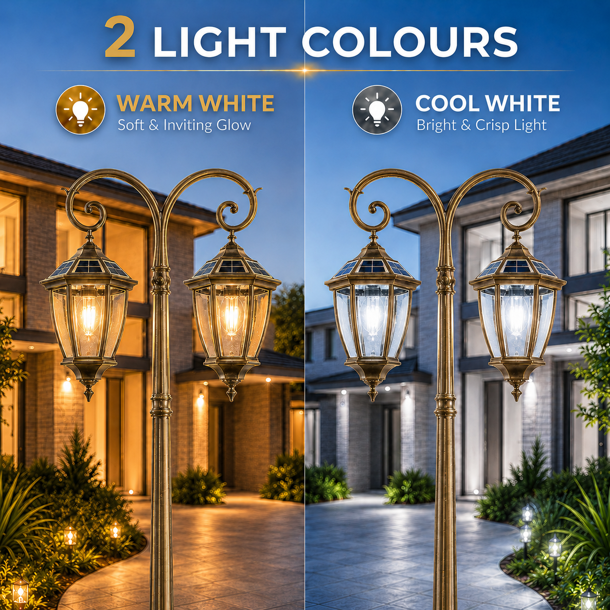 Victorian double head solar street light infographic demonstrating warm white soft glow and cool white bright lighting modes.