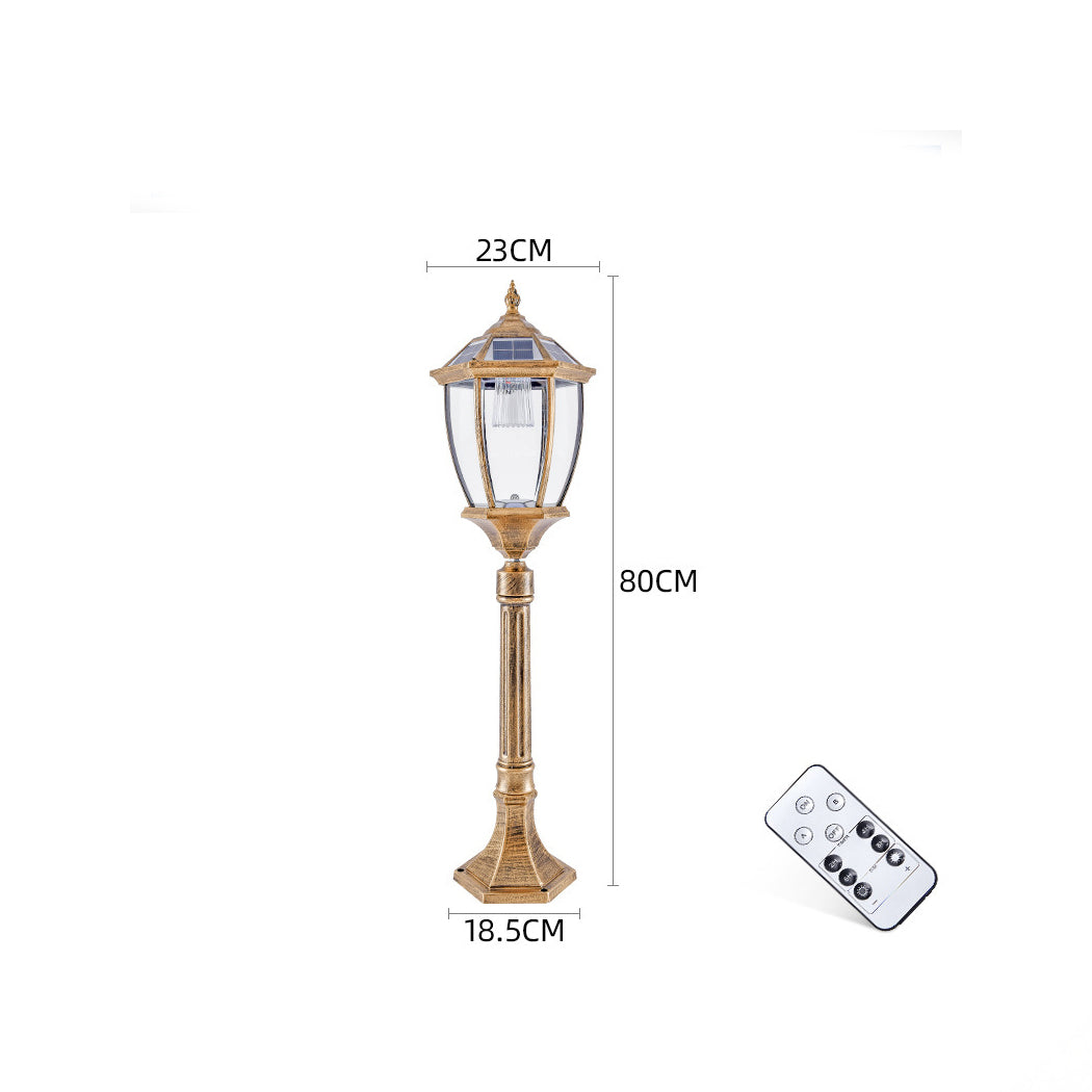 Product size diagram of a bronze Victorian solar garden light showing a height of 80cm, a base width of 18.5cm, and a lantern width of 23cm with its remote control.