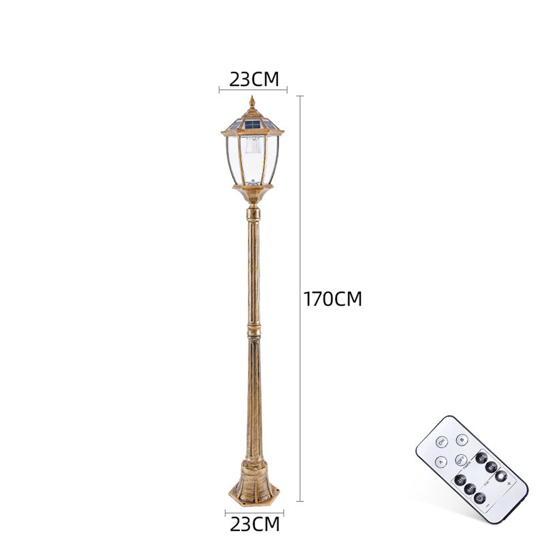 Product size diagram of a bronze Victorian solar lamp post showing a height of 170cm and a width of 23cm with its remote control.