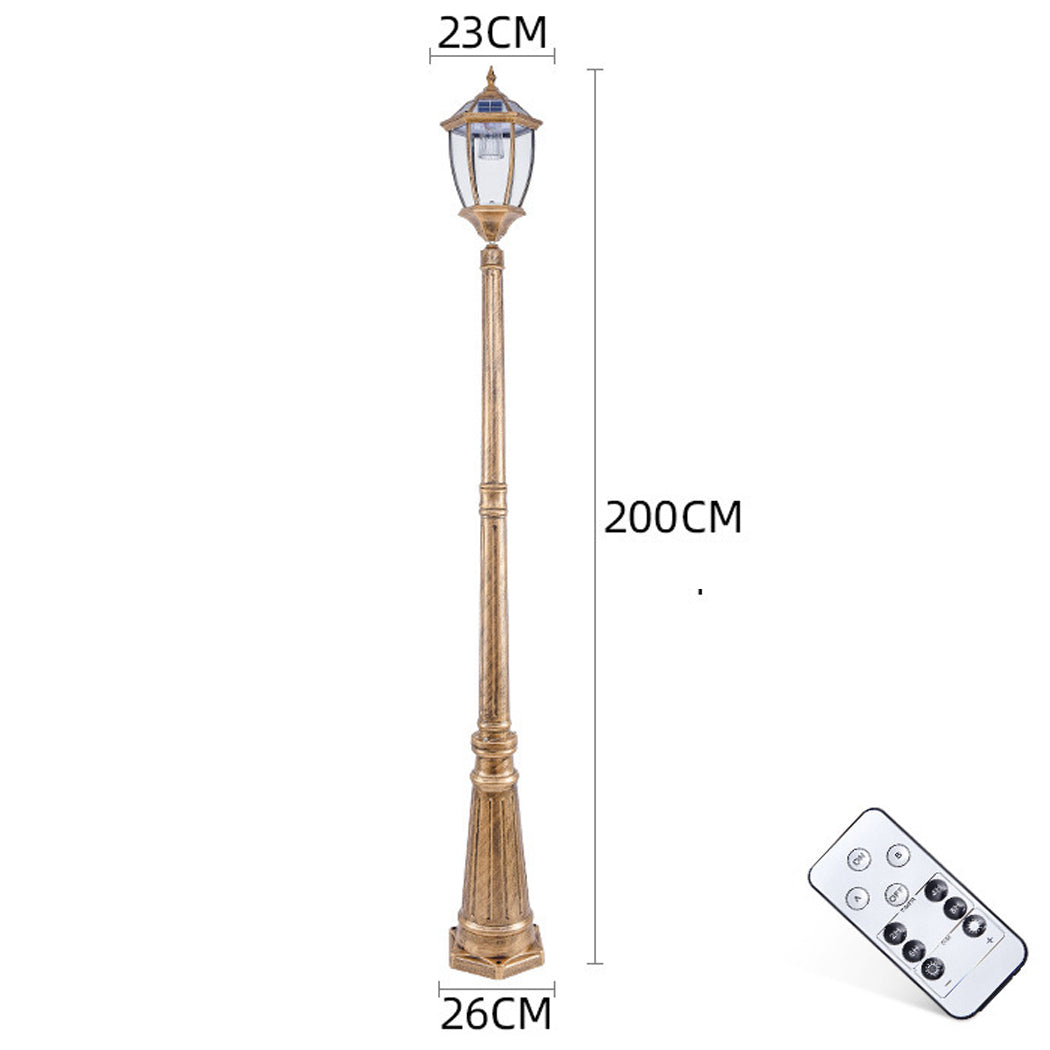 Product size diagram of a bronze Victorian solar lamp post showing a height of 200cm, a base width of 26cm, and a head width of 23cm with its remote control.