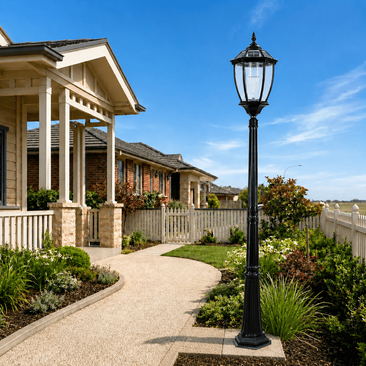 Victorian solar post light in black aluminium with a clear glass antique lantern standing next to a residential garden pathway.