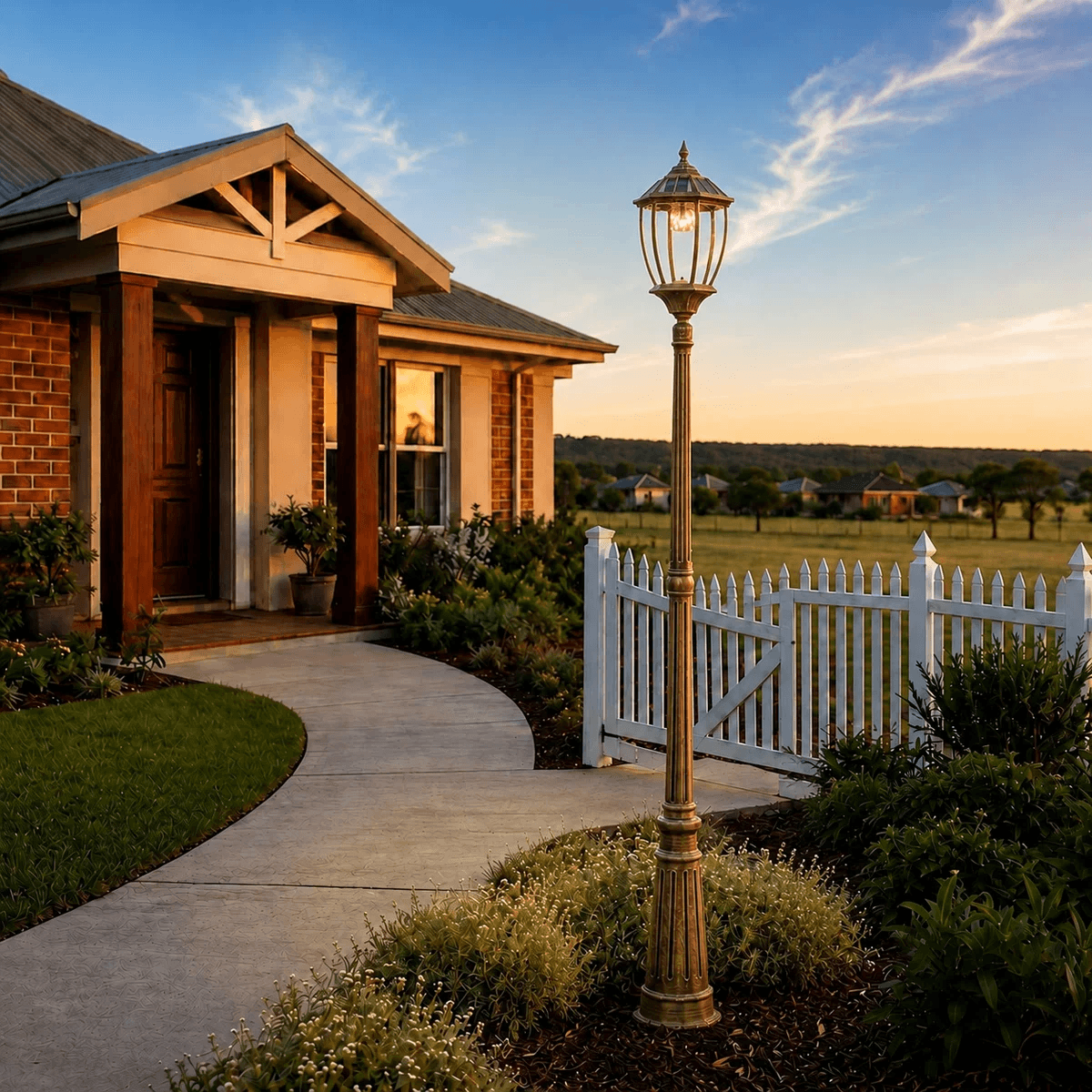 Antique bronze solar post light with a clear glass lantern illuminating a curved concrete driveway pathway in front of a house at sunset.