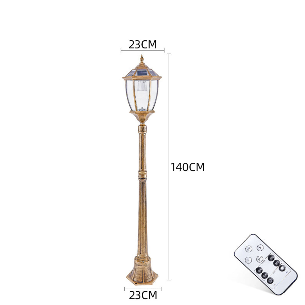 Dimension diagram of a bronze Victorian solar post light showing a height of 140cm and width of 23cm alongside its remote control.