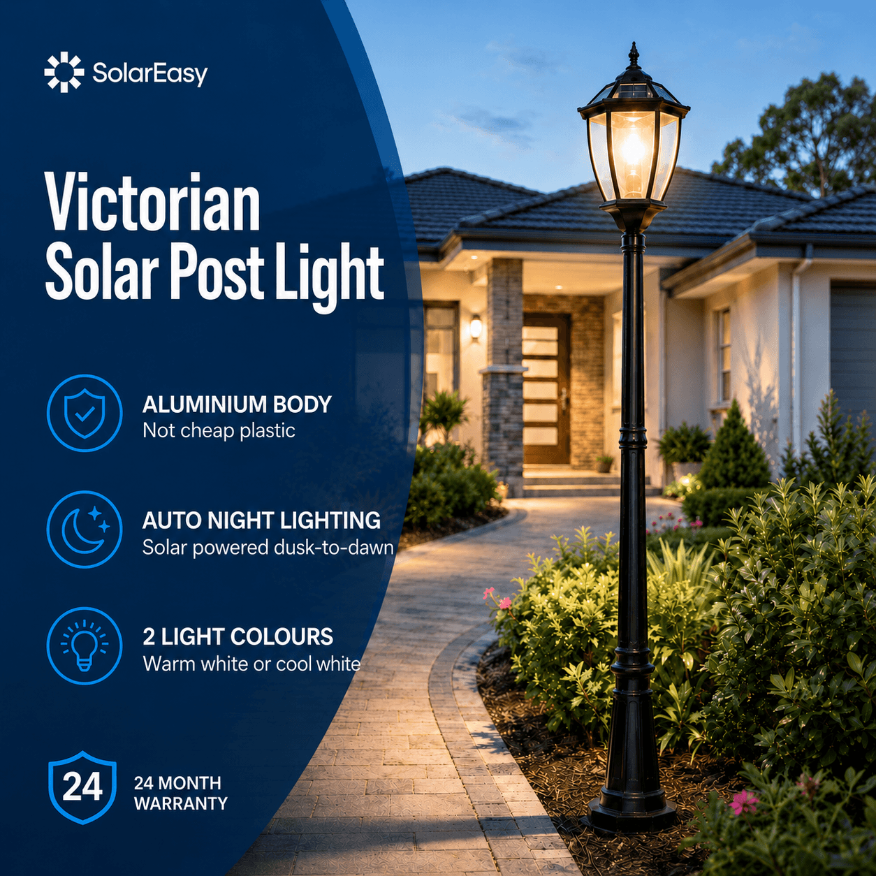 SolarEasy marketing banner for the Victorian solar post light, highlighting its aluminium body, dusk-to-dawn features, and utility as an outdoor solar lamp post in Australia.