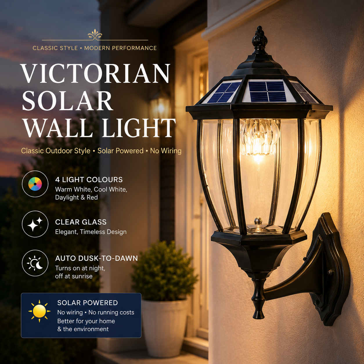 Victorian style solar wall lantern with a classic solar coach lantern design mounted as a solar wall mounted light on an exterior brick wall.