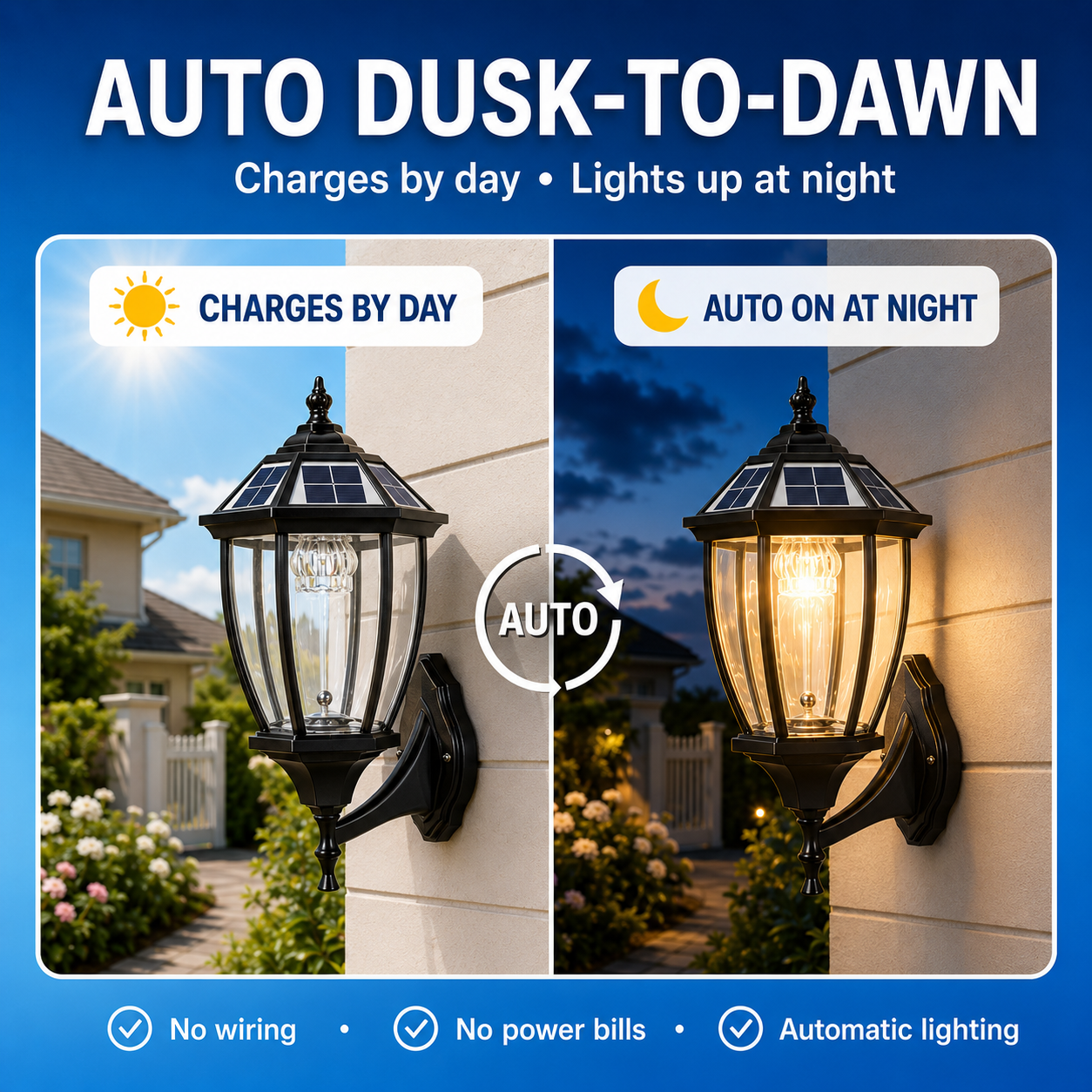 Victorian style solar wall lantern day and night comparison infographic detailing the dusk to dawn solar wall mounted light automatic operation.