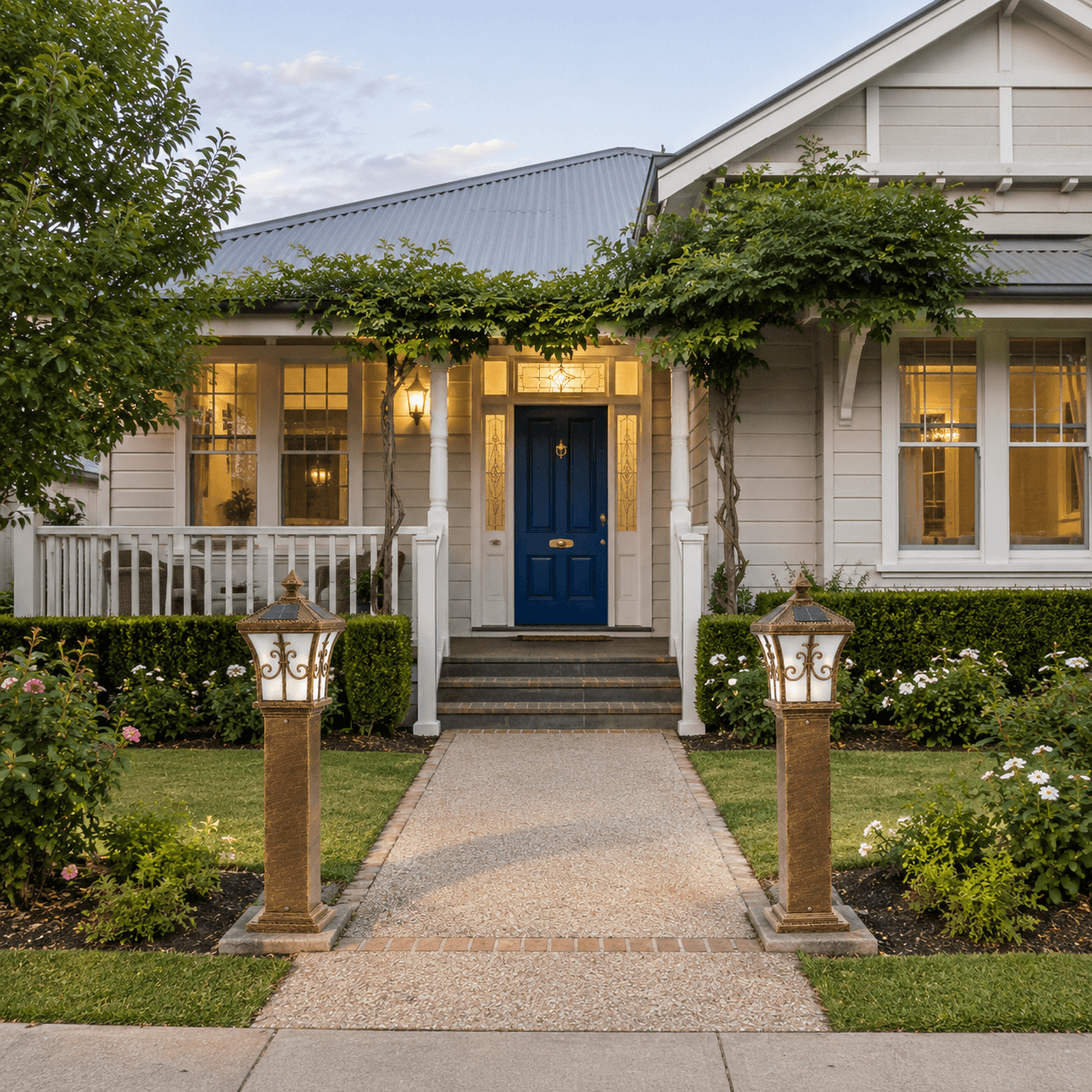 Vintage solar lamp post garden walkway setup featuring a pair of bronze heritage post lights framing the front entrance path of a traditional home.