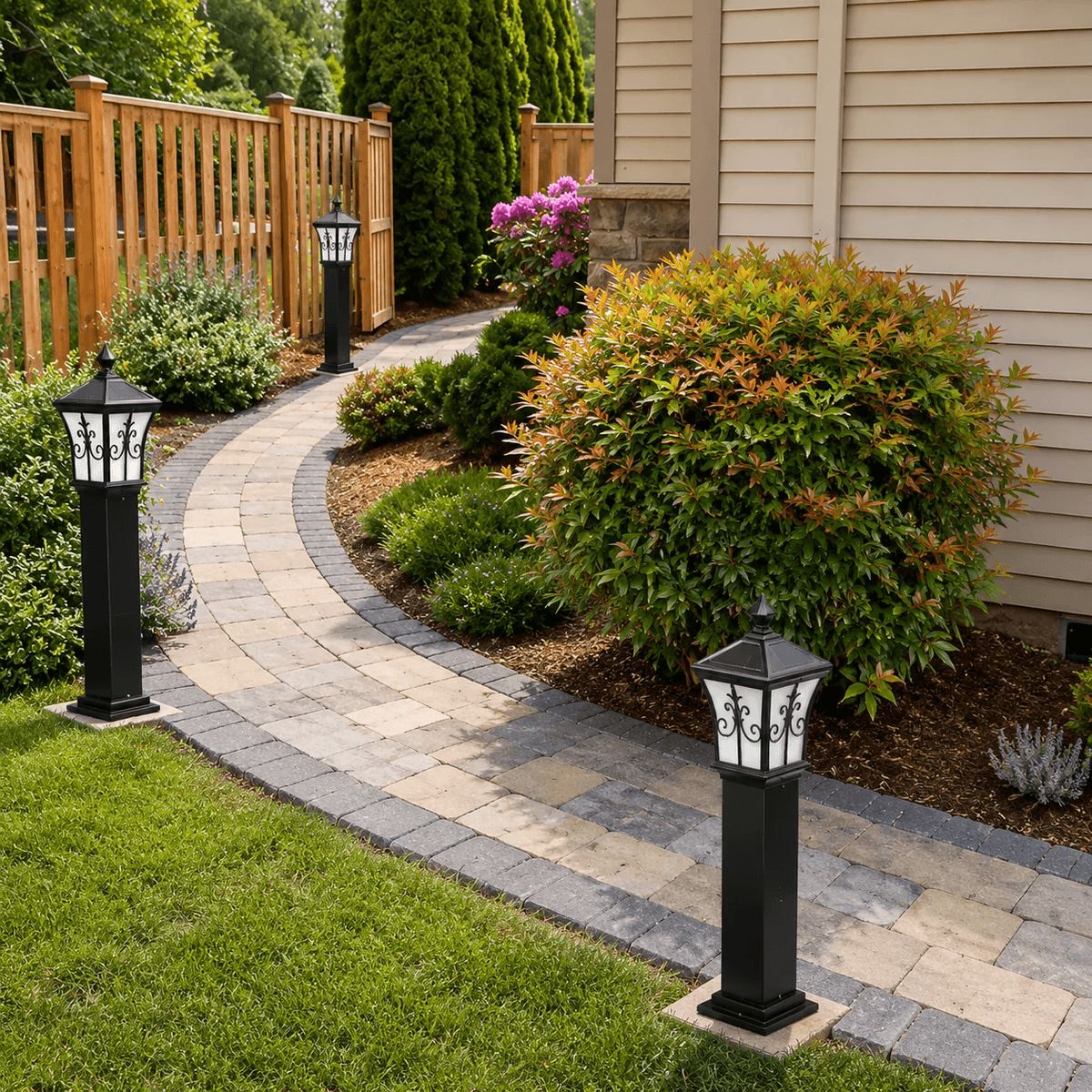 Vintage solar lamp post walkway lights lining a curved brick garden path and lawn border, demonstrating decorative landscape lighting for traditional suburban homes.