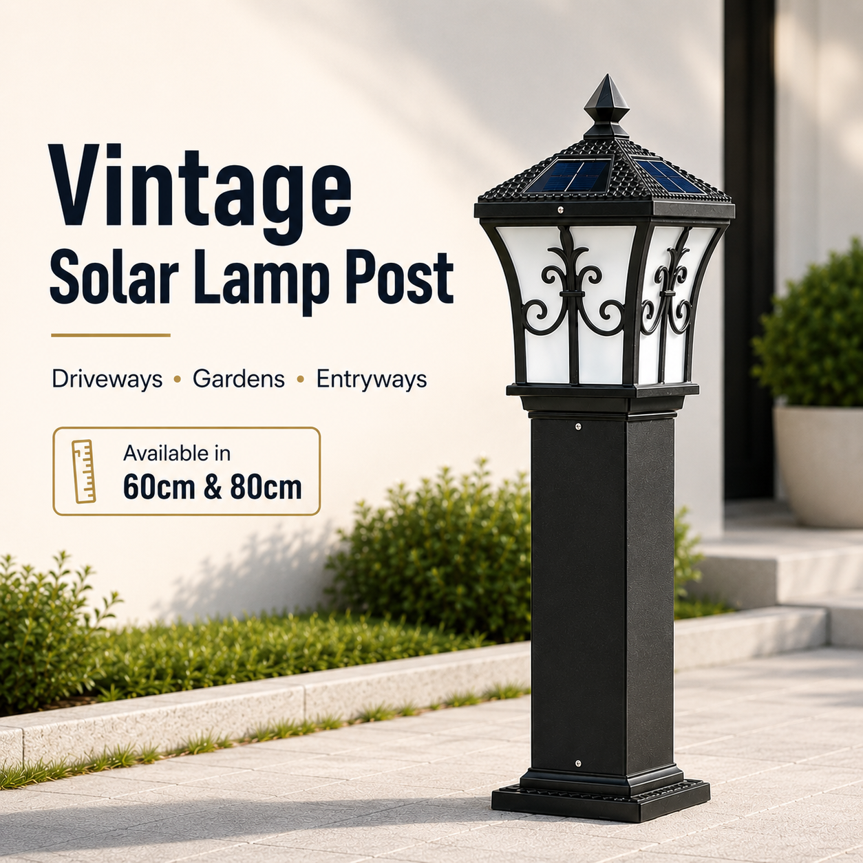 Vintage solar lamp post outdoor walkway light in black cast aluminium, ideal for Australian driveways and gardens. Available in 60cm and 80cm heights.