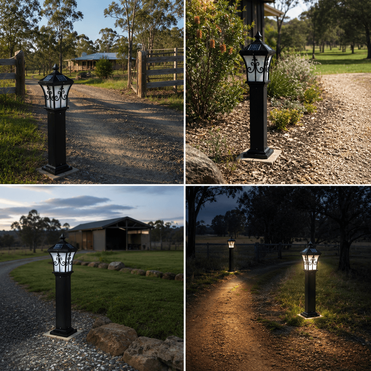 Vintage solar lamp post outdoor lights installed along dirt driveways and gates of a rural property acreage, showing both daytime setups and nighttime illumination.