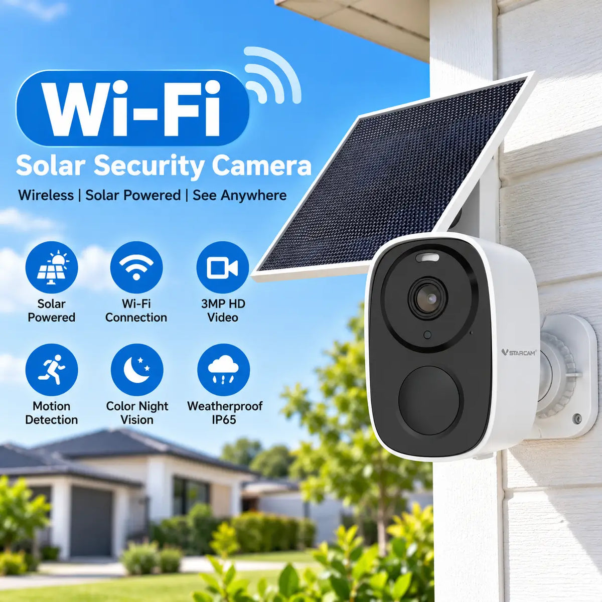 Vstarcam BG55 solar powered wireless Wi-Fi security camera banner infographic highlighting its 3MP HD video resolution, PIR motion detection, color night vision, and IP65 weatherproof certification.