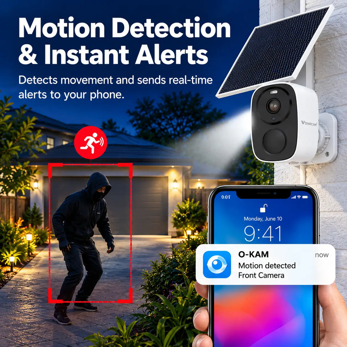 Feature infographic for the Vstarcam BG55 solar camera showing a simulated O-KAM mobile app push notification on a smartphone screen triggered by a driveway intruder motion detection event at night.