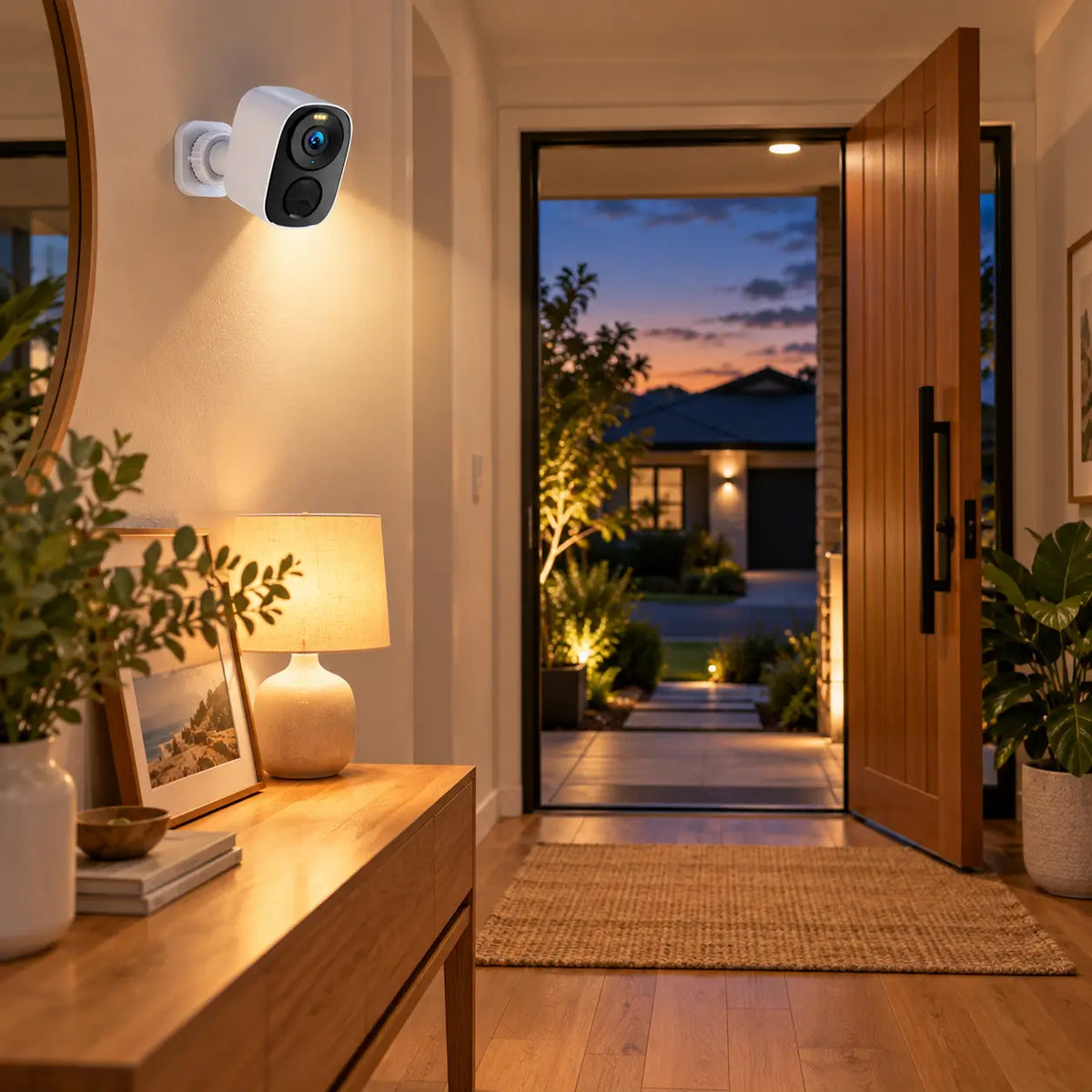 A Vstarcam BG55 security camera mounted indoors on a hallway foyer wall, casting an ambient glow over an entryway table while monitoring a modern open front timber door and outdoor garden pathway at sunset.