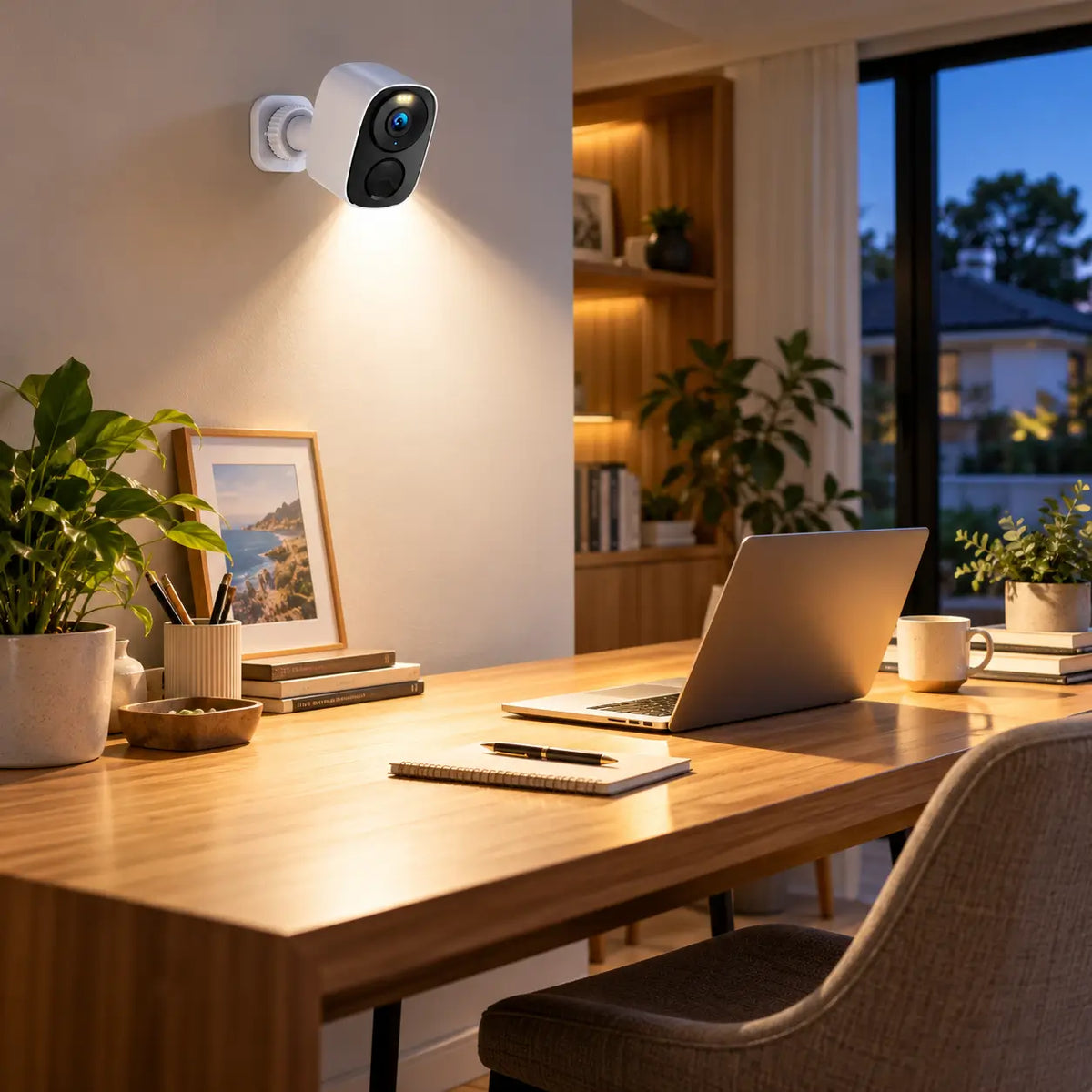 A Vstarcam BG55 security camera mounted indoors on a study room wall, casting a bright down-beam over a wooden home office desk with a laptop, notebooks, and a scenic window view at dusk.