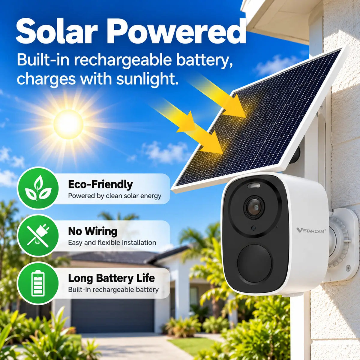 Technical feature infographic for the Vstarcam BG55 wireless solar camera detailing its built-in rechargeable battery, clean solar energy charging, wire-free flexible installation, and long battery life.