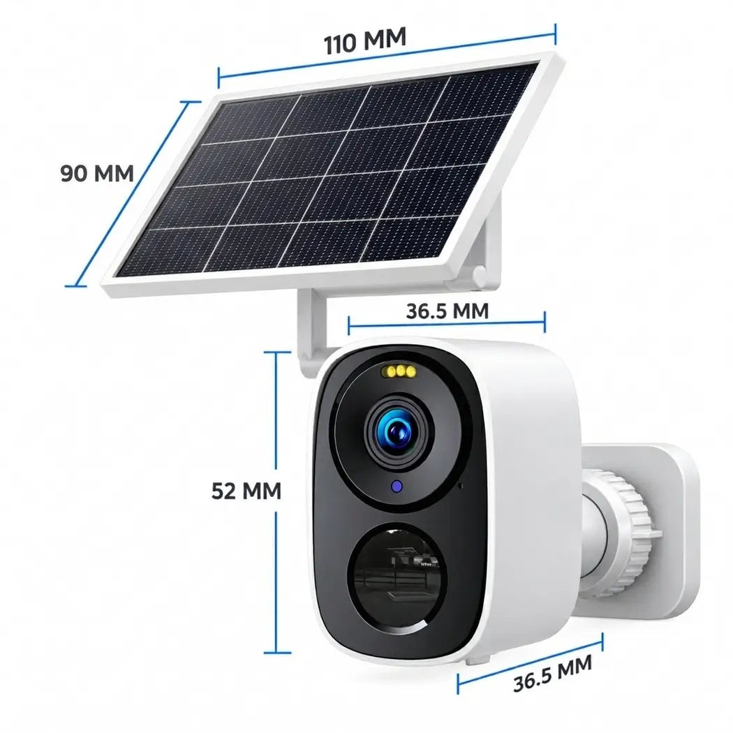 Dimensions blueprint infographic for the Vstarcam BG55 wireless solar security camera, showing a one hundred and ten millirad by ninety millirad solar panel, a fifty two millirad camera housing height, and thirty six point five millirad depth sizing specifications.