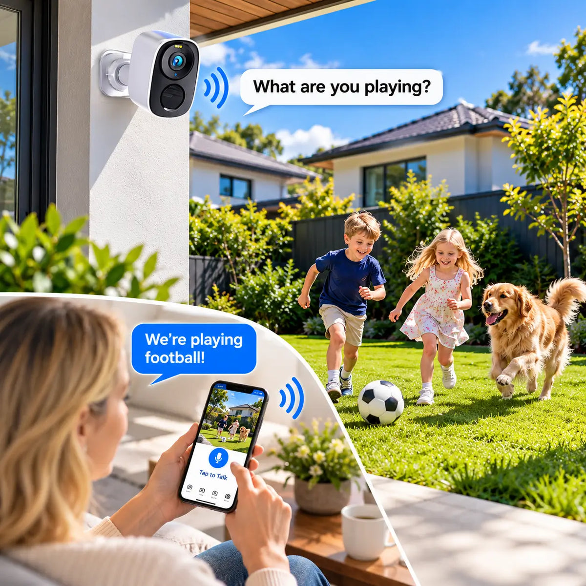 Feature infographic for the Vstarcam BG55 security camera illustrating its two-way audio talk function being used on a smartphone to speak with children playing football with a dog in a sunny residential backyard lawn.