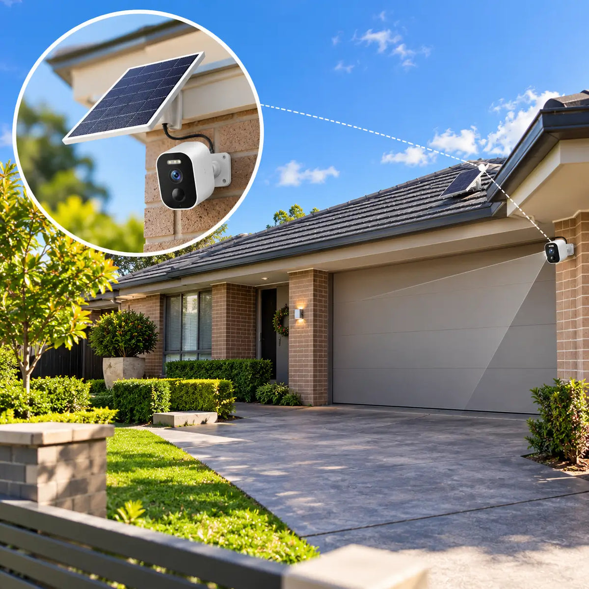 A daytime environmental installation shot of the Vstarcam BG55 security camera mounted near a modern brick house entry with a close-up circle showing its companion solar panel positioned on the roof tiles above a double garage driveway.